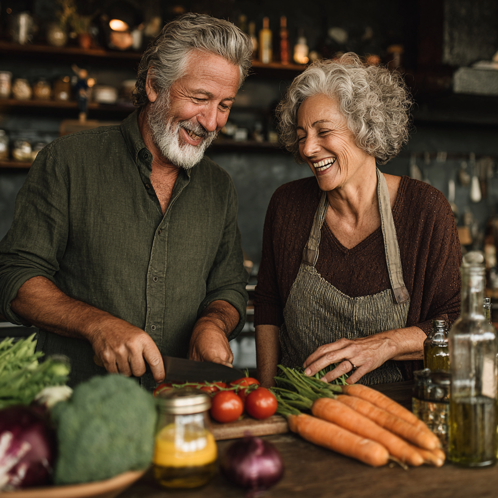 Happy couple in their 50s cooking together in kitchen, both smiling and preparing nutritious meal