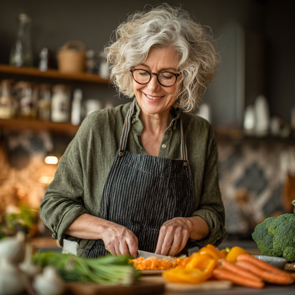 Mature woman in her 50s preparing healthy food in modern kitchen, smiling while chopping vegetables