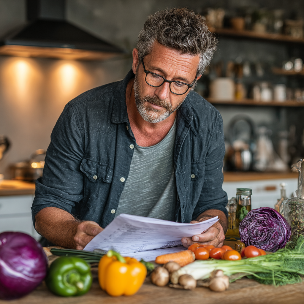 Middle-aged man in his 40s examining meal planning documents and healthy food ingredients on kitchen counter